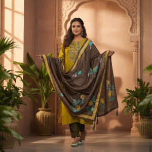 Luxurious mustard and brown three-piece Salwar Suit ensemble.