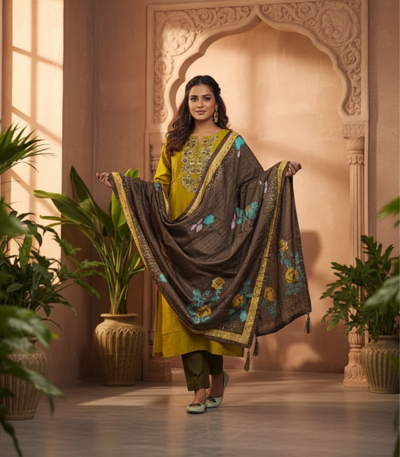 Luxurious mustard and brown three-piece Salwar Suit ensemble. - Image 2