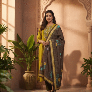 Luxurious mustard and brown three-piece Salwar Suit ensemble.