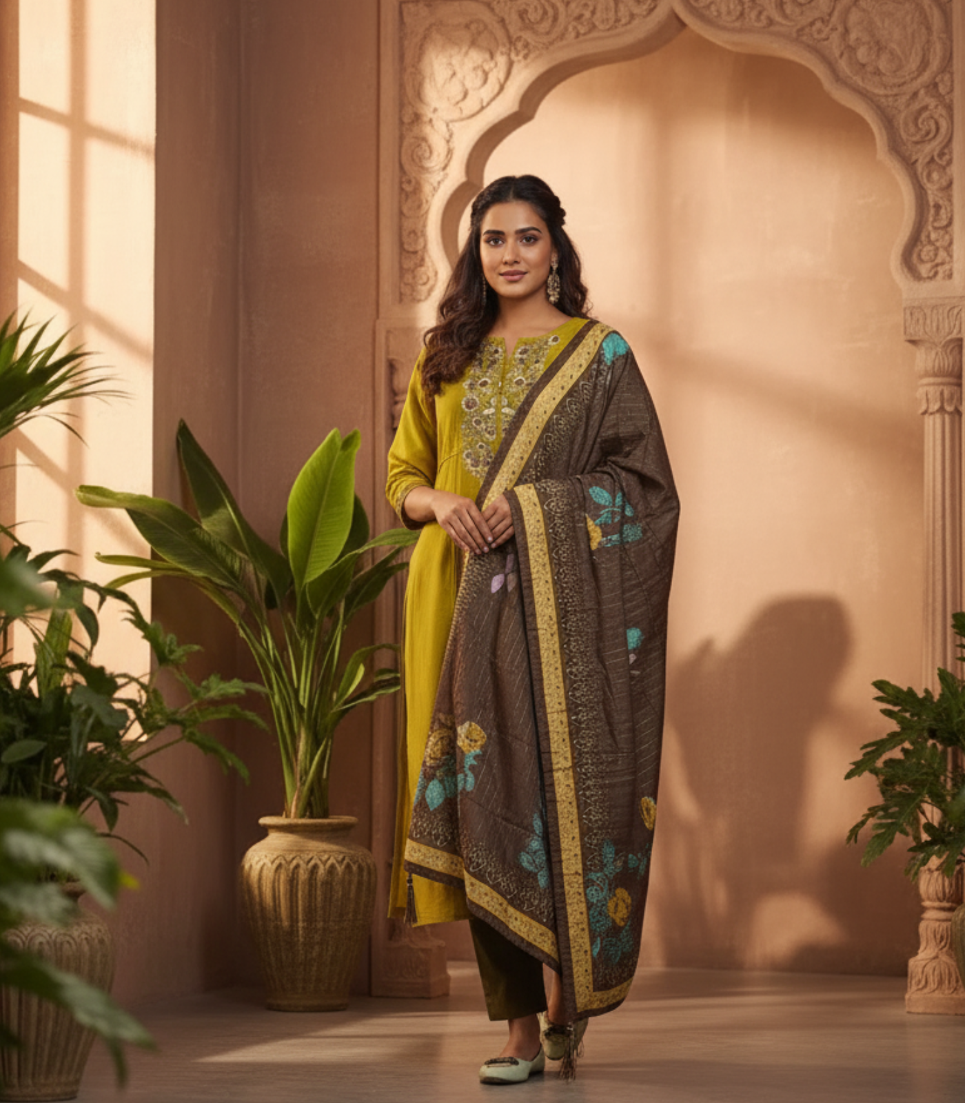 Luxurious mustard and brown three-piece Salwar Suit ensemble.