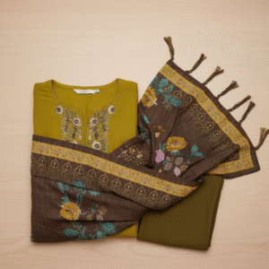 Luxurious mustard and brown three-piece Salwar Suit ensemble.