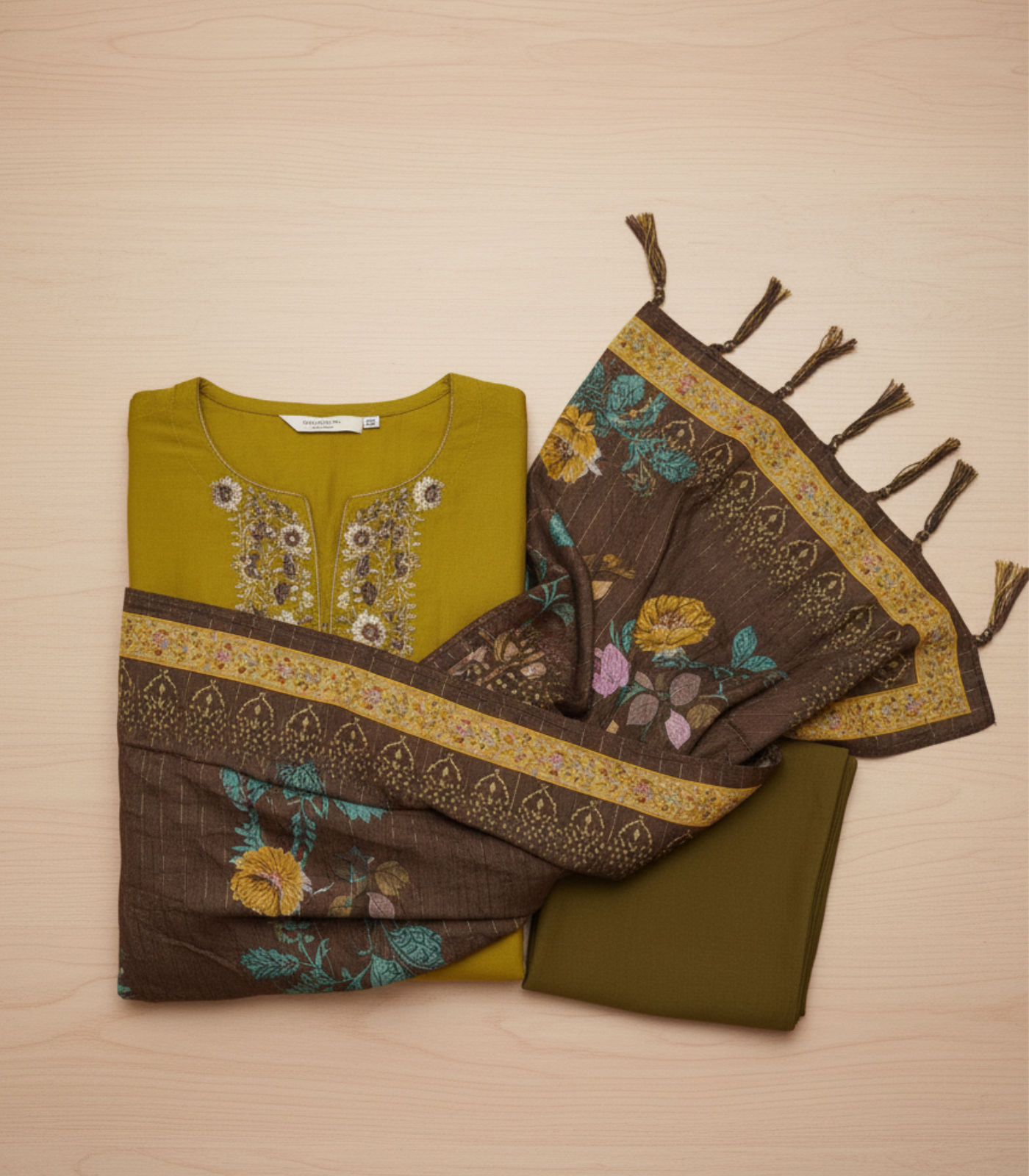 Luxurious mustard and brown three-piece Salwar Suit ensemble. - Image 3