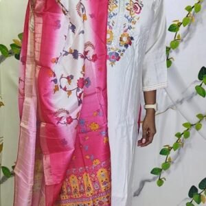 Elegant Embroidered Cream & Rani Pink Slub Cotton Salwar Suit Set