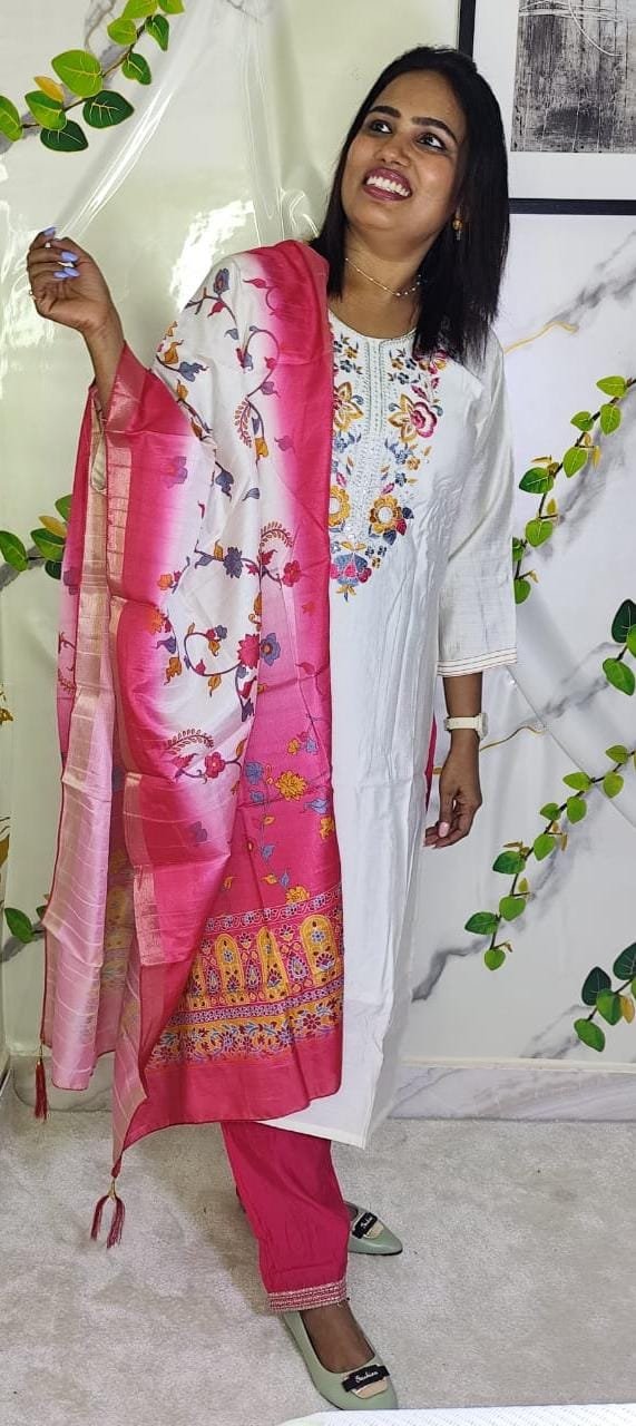Elegant Embroidered Cream & Rani Pink Slub Cotton Salwar Suit Set - Image 2