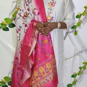 Elegant Embroidered Cream & Rani Pink Slub Cotton Salwar Suit Set