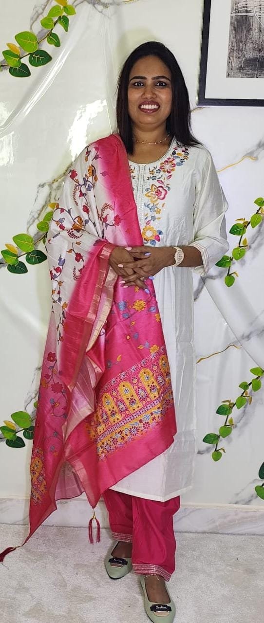Elegant Embroidered Cream & Rani Pink Slub Cotton Salwar Suit Set