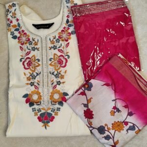 Elegant Embroidered Cream & Rani Pink Slub Cotton Salwar Suit Set