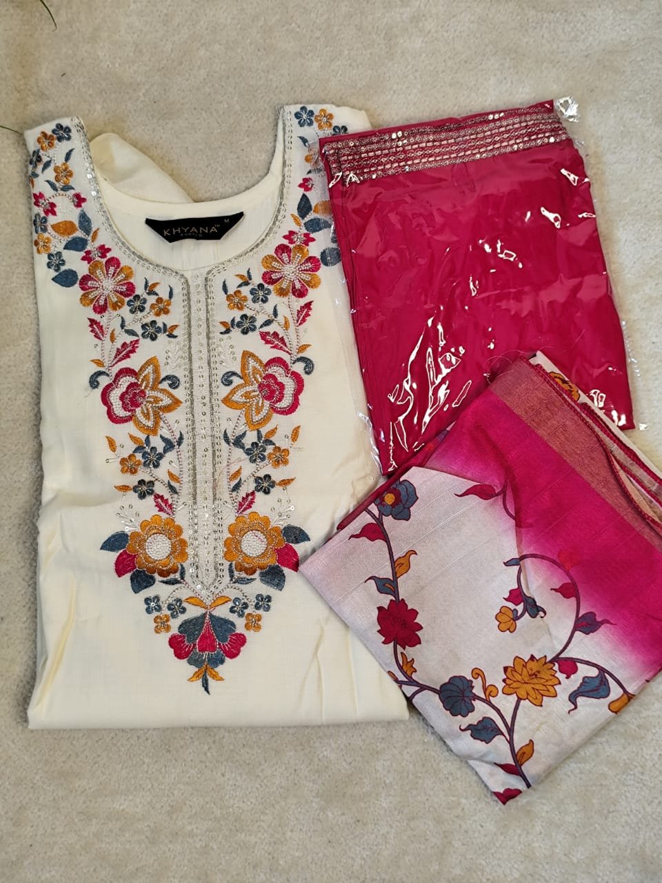 Elegant Embroidered Cream & Rani Pink Slub Cotton Salwar Suit Set - Image 3