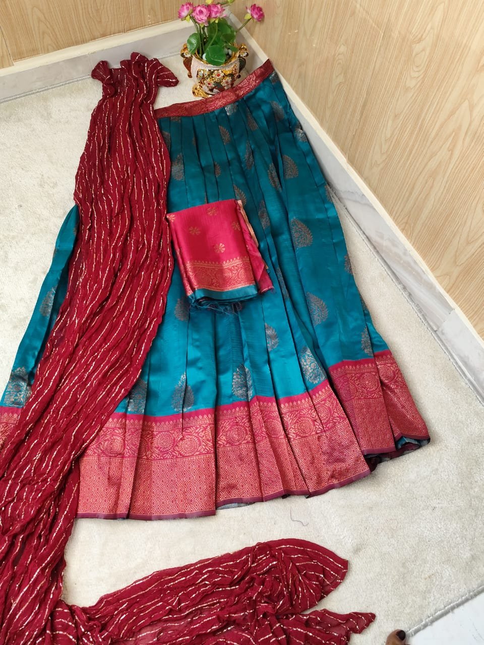 Teal Elegance Litchi Silk Lehenga Set - Image 2