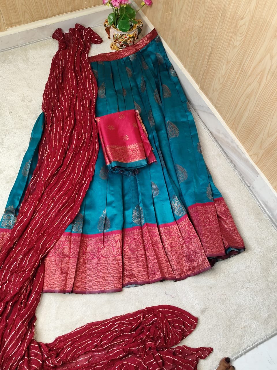 Teal Elegance Litchi Silk Lehenga Set - Image 3