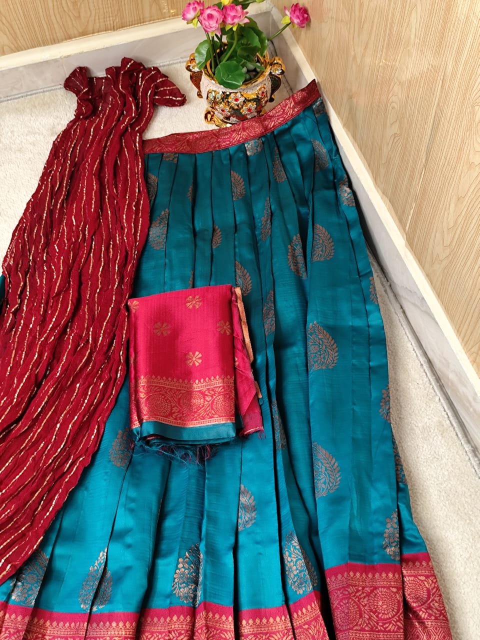 Teal Elegance Litchi Silk Lehenga Set