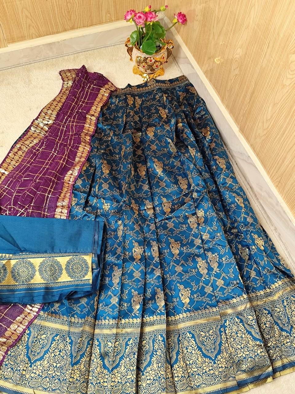 Peacock Blue Banarasi Weaving Silk Lehenga Set
