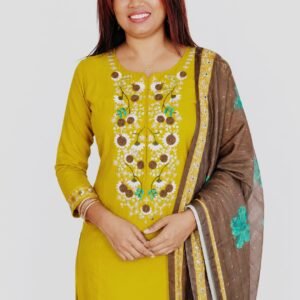 Luxurious mustard and brown three-piece Salwar Suit ensemble.
