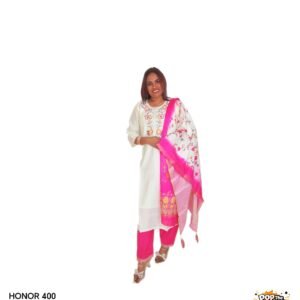 Elegant Embroidered Cream & Rani Pink Slub Cotton Salwar Suit Set