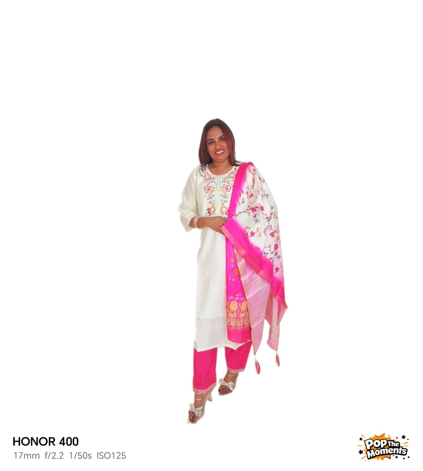 Elegant Embroidered Cream & Rani Pink Slub Cotton Salwar Suit Set - Image 7
