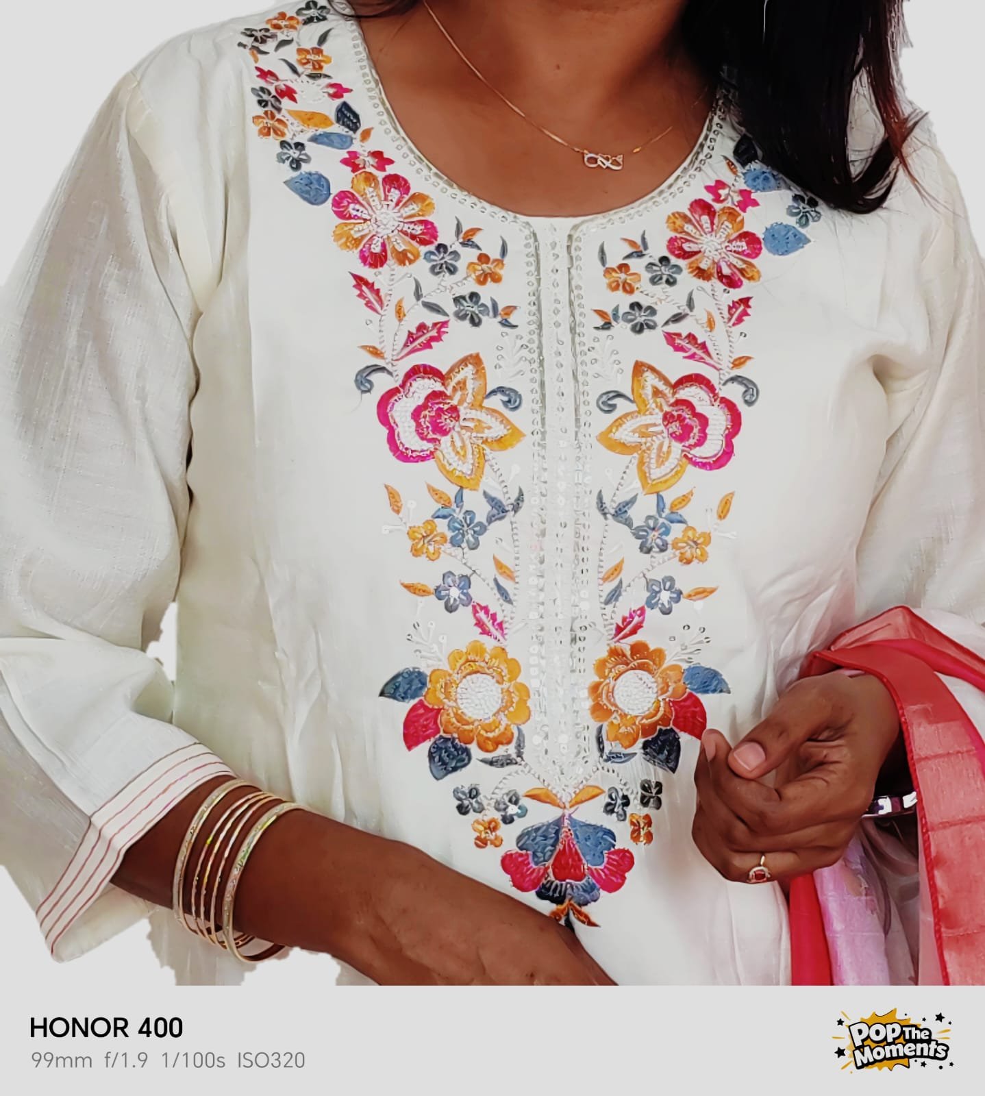 Elegant Embroidered Cream & Rani Pink Slub Cotton Salwar Suit Set - Image 5