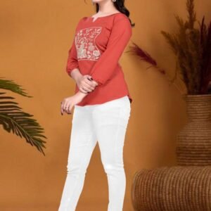 FANCY ROMAN SILK EMBROIDERY WORK Short TOP Rust orange