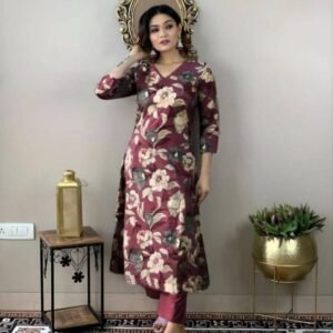 DESIGNER COTTON BLEND DIGITAL PRINTED TOP PANT SET MAROON