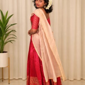 Rani pink Litchi silk traditional dhavani with golden drape