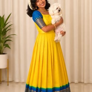 Pattu Pavada – Yellow with Blue Border