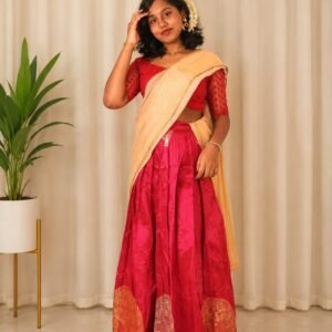 Rani pink Litchi silk traditional dhavani with golden drape