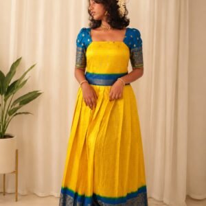 Pattu Pavada – Yellow with Blue Border
