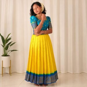 Pattu Pavada – Yellow with Blue Border