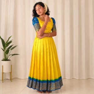 Pattu Pavada – Yellow with Blue Border