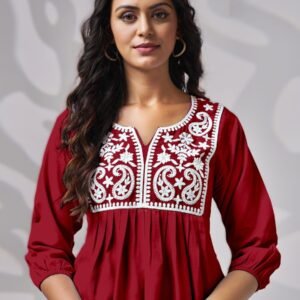 RICH LOOK RAYON EMBROIDERY WORK ONLY KURTI RED