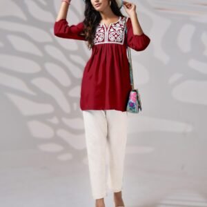 RICH LOOK RAYON EMBROIDERY WORK ONLY KURTI RED