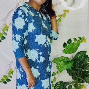 Peacock Blue Floral Printed Co-Ord Set with Chinese Collar