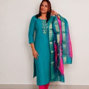 Teal Embroidered Three-Piece Salwar Suit Set