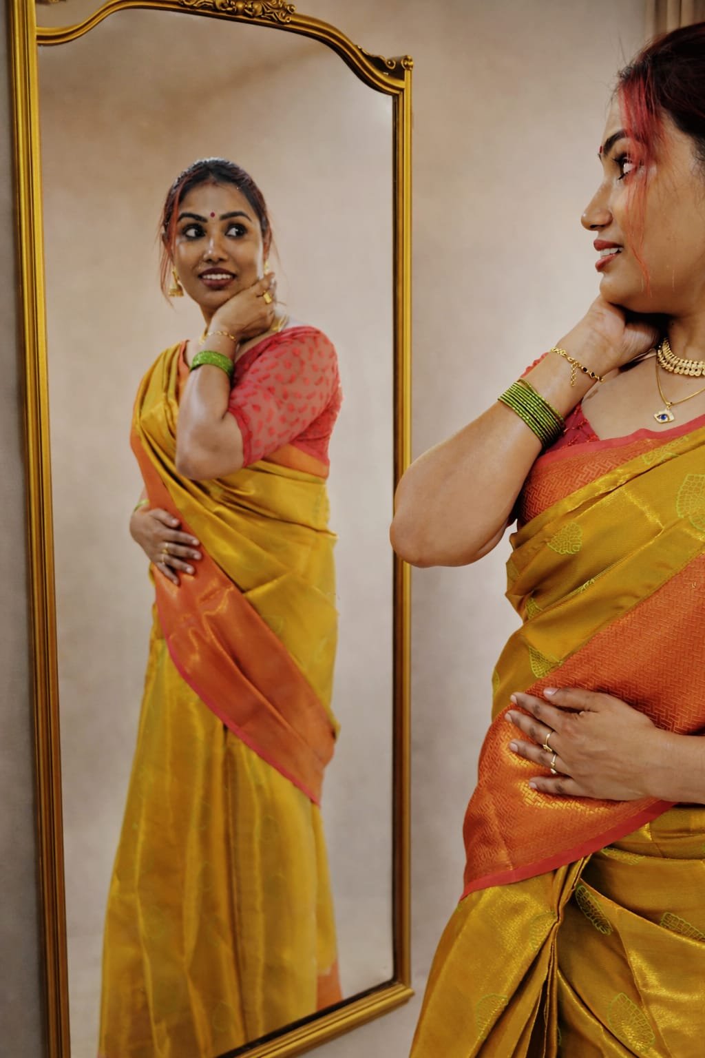 Golden Tissue Saree with Brocade Blouse (Attached) - Image 2