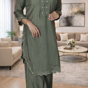 Olive scalloped Muslin Cord SET