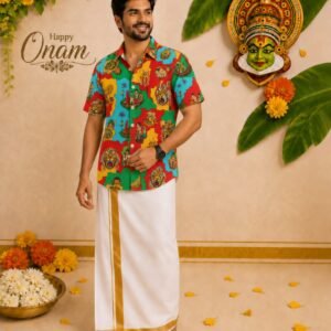 Men's Onam Festival Printed Shirt with Traditional Kerala Kasavu Mundu