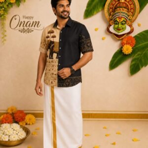 Onam Special Men's Mural Print Shirt with Traditional Kerala Kasavu Mundu