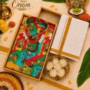 Men's Onam Festival Printed Shirt with Traditional Kerala Kasavu Mundu