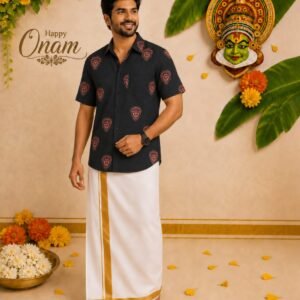 Men's Premium Black Printed Shirt with Traditional Kerala Kasavu Mundu