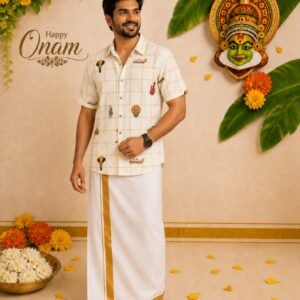 Men's Premium Printed Shirt with Traditional Kerala Kasavu Mundu