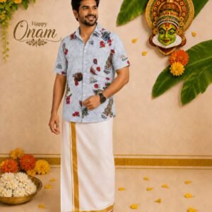 Men's Premium Floral Printed Shirt with Traditional Kerala Kasavu Mundu