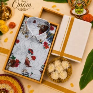 Men's Premium Floral Printed Shirt with Traditional Kerala Kasavu Mundu