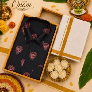 Men's Premium Black Printed Shirt with Traditional Kerala Kasavu Mundu