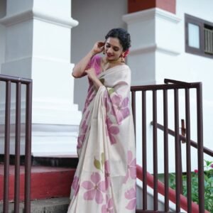 Ivory Floral Printed premium soft tissue saree