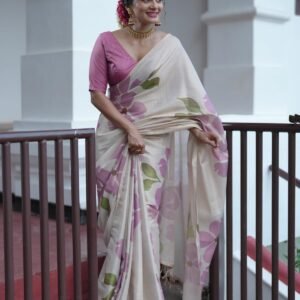 Ivory Floral Printed premium soft tissue saree