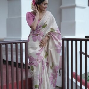 Ivory Floral Printed premium soft tissue saree