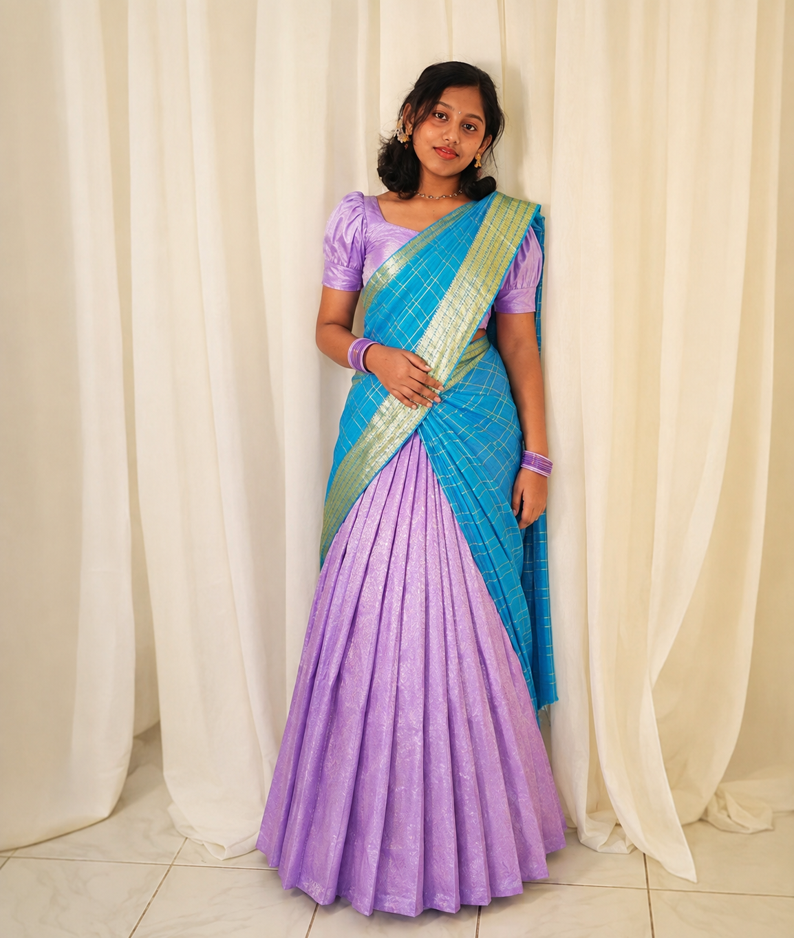 Traditional Lavender & Sky Blue Onam Dhavani Set