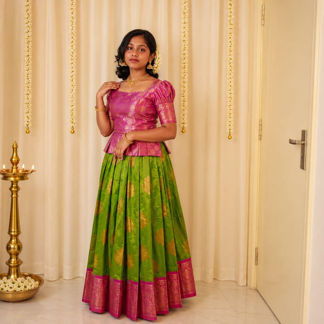 Traditional Green & Magenta Pattu Pavada Set