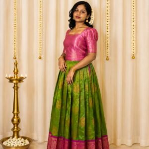 Traditional Green & Magenta Pattu Pavada Set