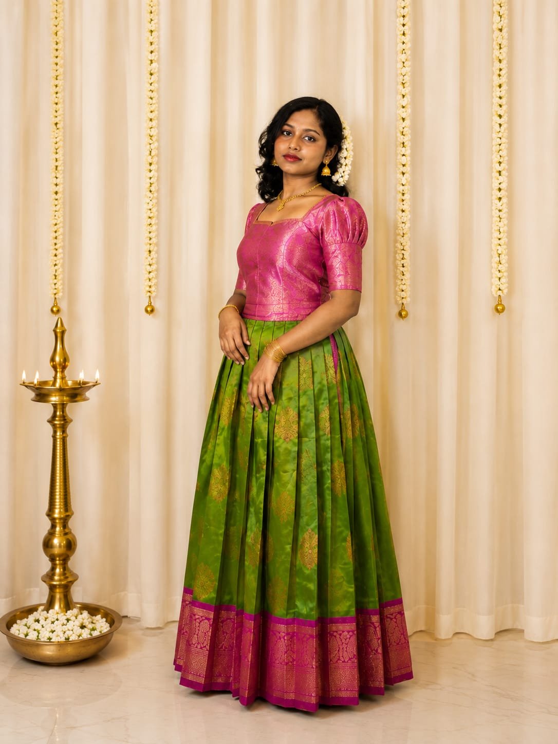 Traditional Green & Magenta Pattu Pavada Set - Image 2