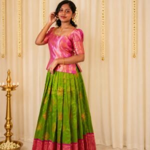 Traditional Green & Magenta Pattu Pavada Set